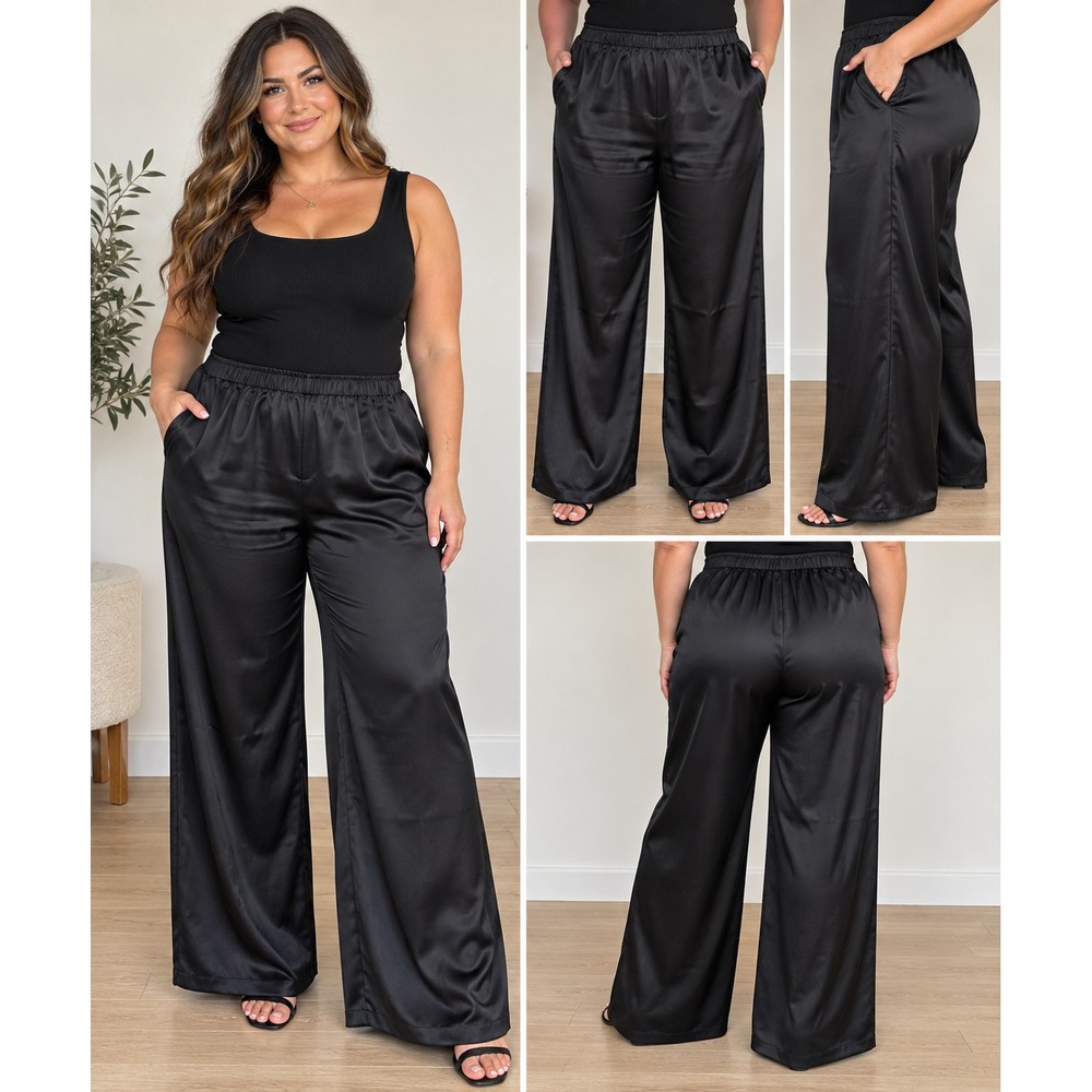 1X Black Satin Wide Leg Pants Pull On Elastic Waist NWT A New Day Women's